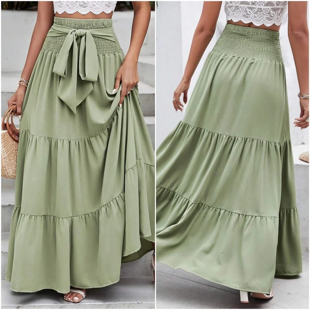 Boho High Waisted Front tie Ruffle flowy Maxi Skirt - Picture 6 of 9